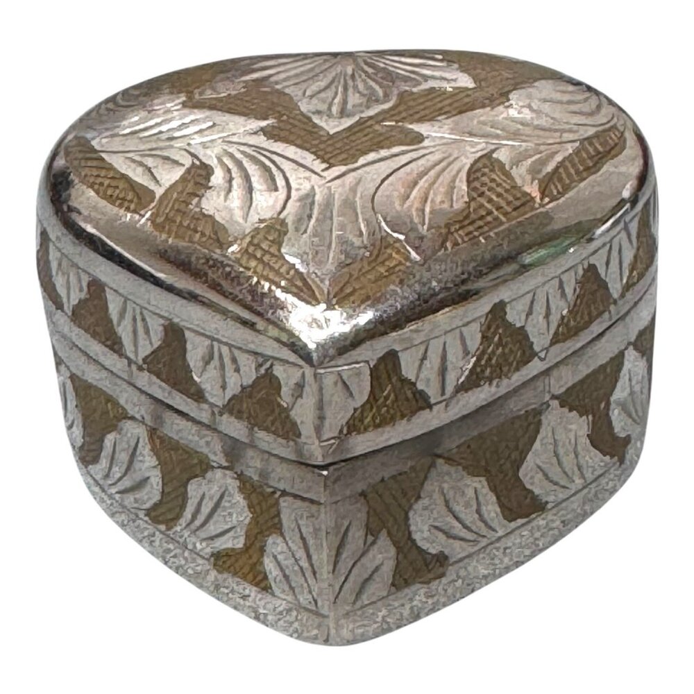 Heart-Shaped Silver & Brass Leaf Trinket Jewelry Ring Gift Box 2" Etched India